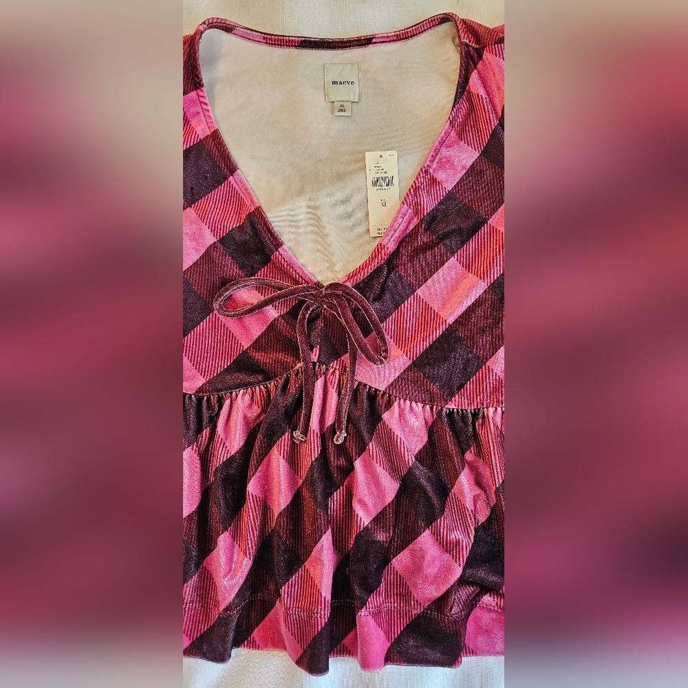 Anthropologie Maeve Plaid Velvet Puff Sleeve Babydoll Top Pink Extra Large - Picture 5 of 6